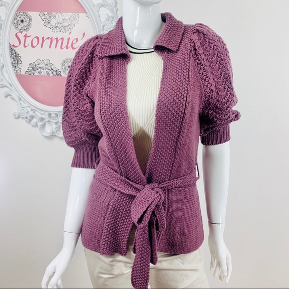 BCBGMaxAzria Sweaters - BCBGMAXAZRIA/Light Purple Belted  Crochet Cardigan